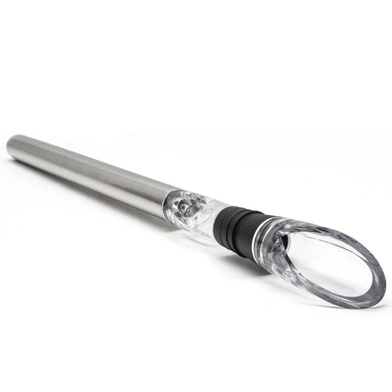 Stainless steel wine chiller cooling bar with circular pourer ring and black grip