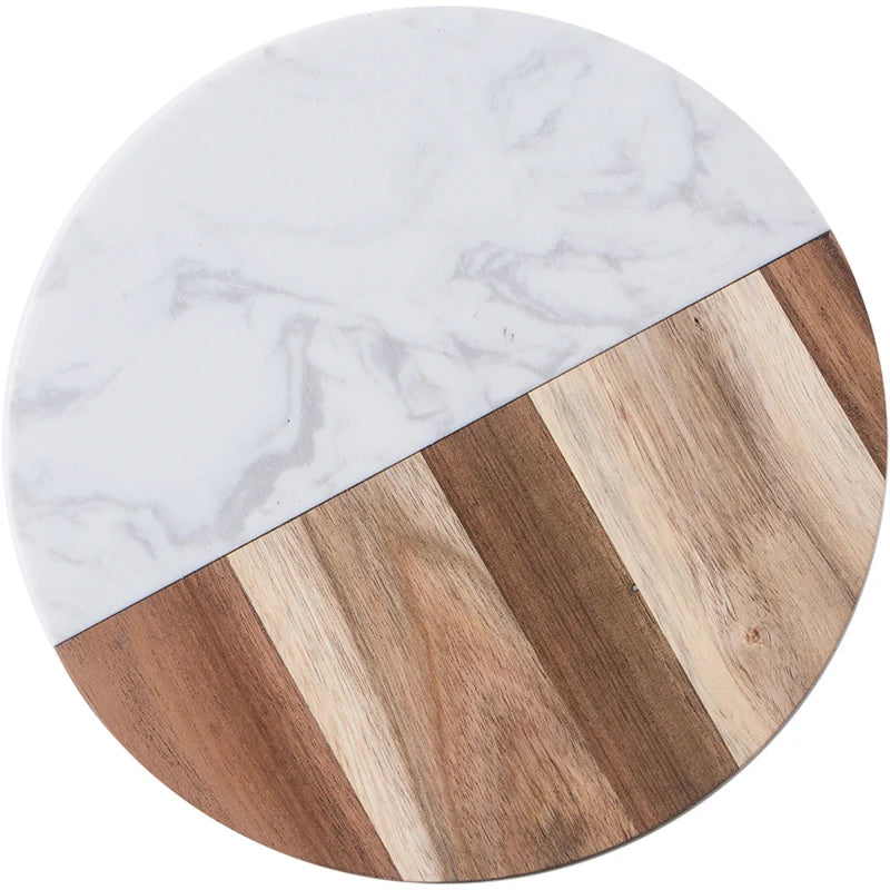 Round marble-and-wood serving board with marble half and wood segment pattern