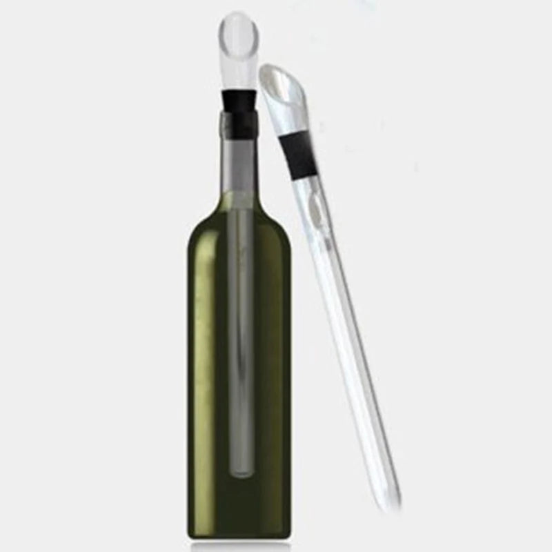 Wine chiller stick pourer set: stainless bar with clear spout and black handle