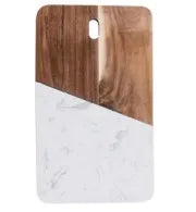 Rectangular marble-and-wood serving board with top handle cutout, two-tone panel design