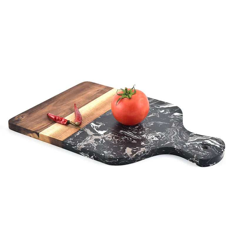 Marble and acacia wood cutting board with black stone surface and acacia wood border