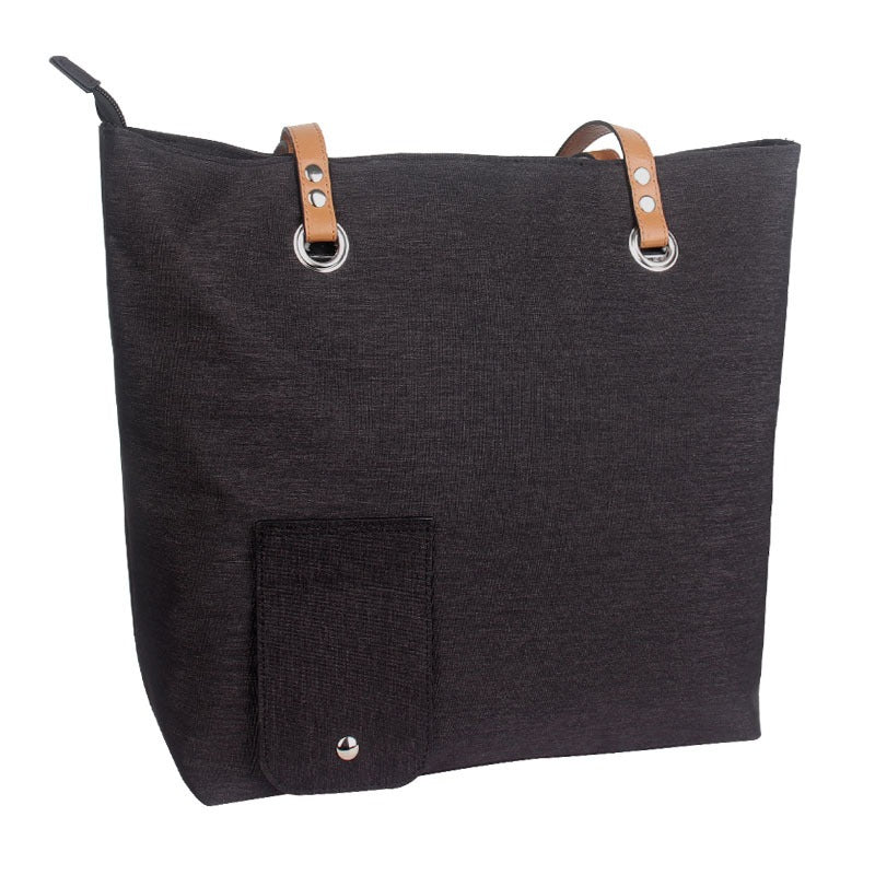 Insulated wine picnic tote bag in dark fabric with tan handles and front snap pocket