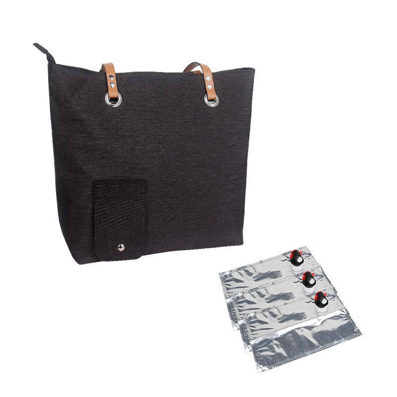 Insulated wine picnic tote bag with tan handles, front pocket, and two silver ice packs