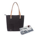 Insulated wine picnic tote bag with tan handles, front pocket, and one silver ice pack