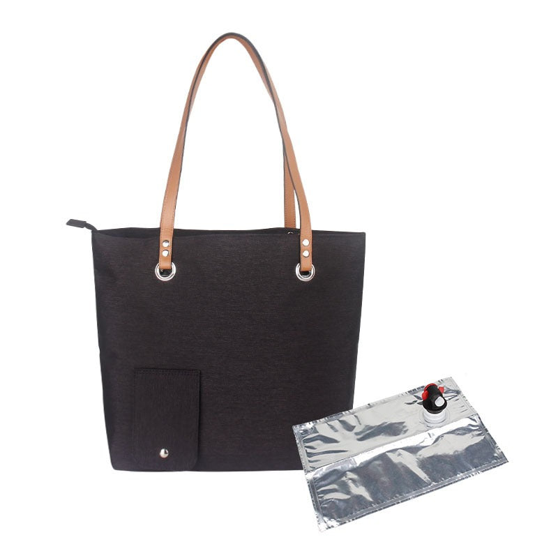 Insulated wine picnic tote bag with tan handles, front pocket, and one silver ice pack