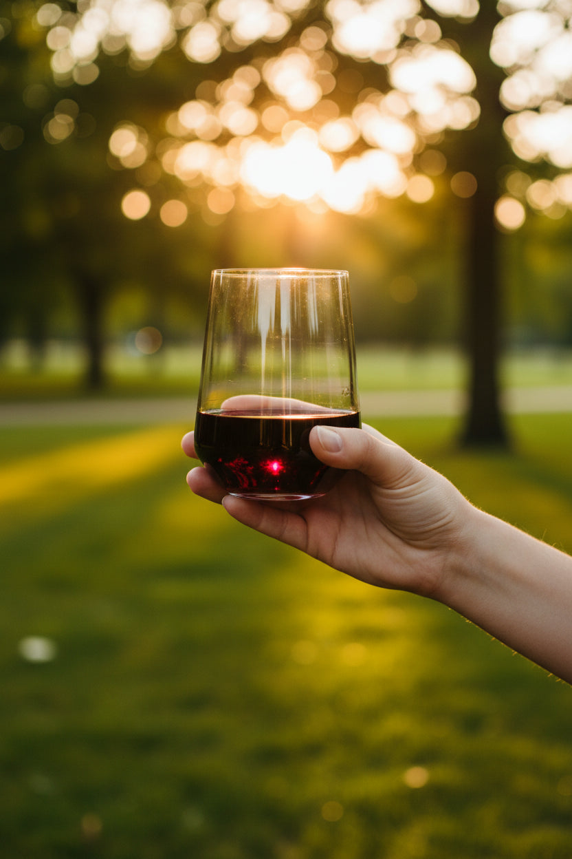 Clear stemmed wine glass, unbreakable plastic, transparent