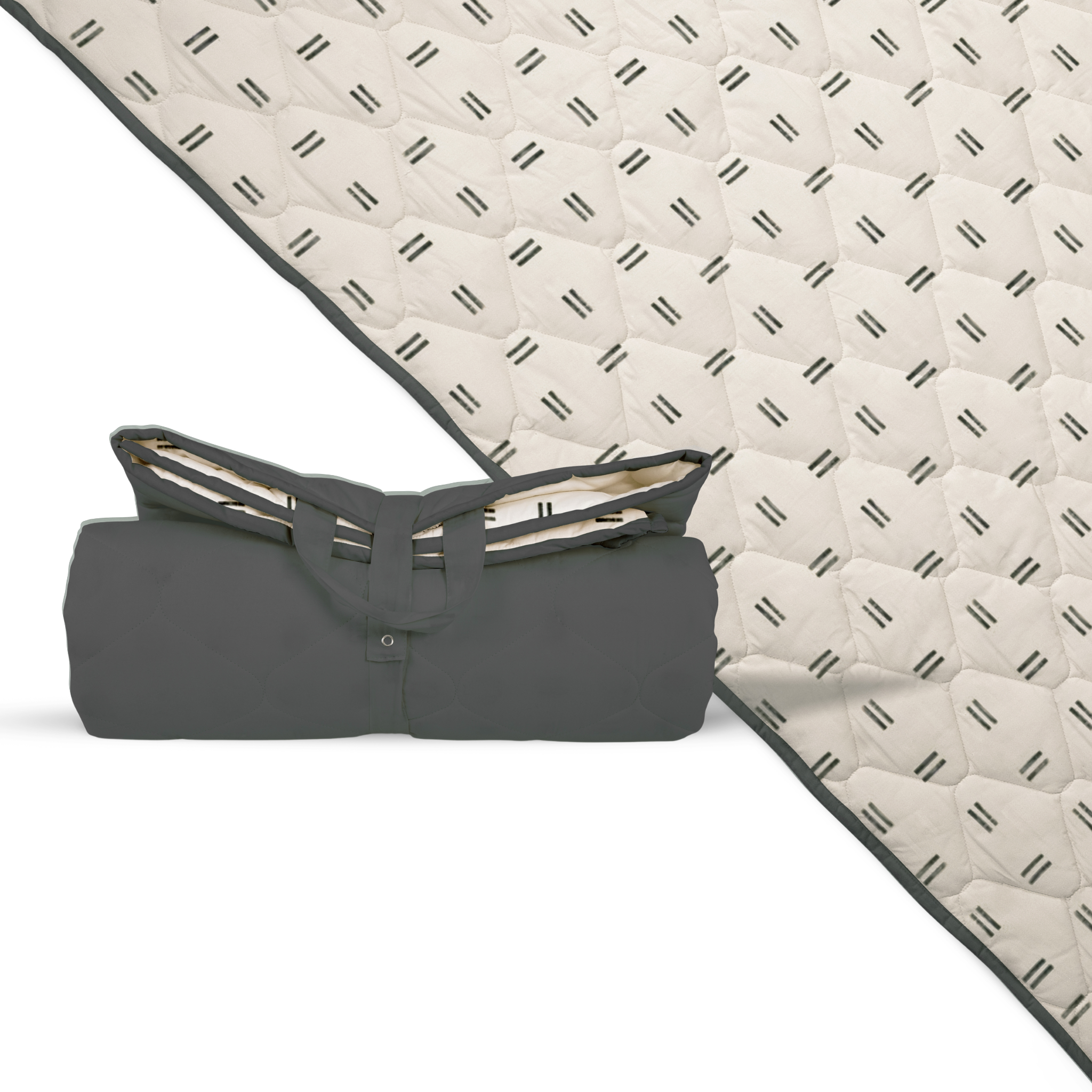 Extra-large waterproof picnic blanket, off-white with repeating black mudcloth pattern, folded