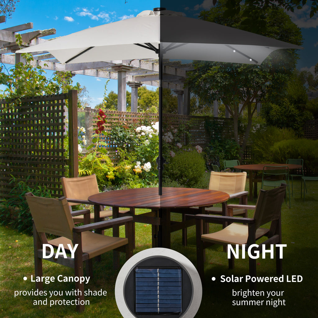 White solar LED patio umbrella over outdoor seating, black pole in garden patio