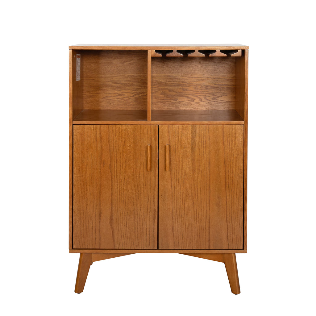 Wood beverage cabinet with two-door front and upper open storage compartment