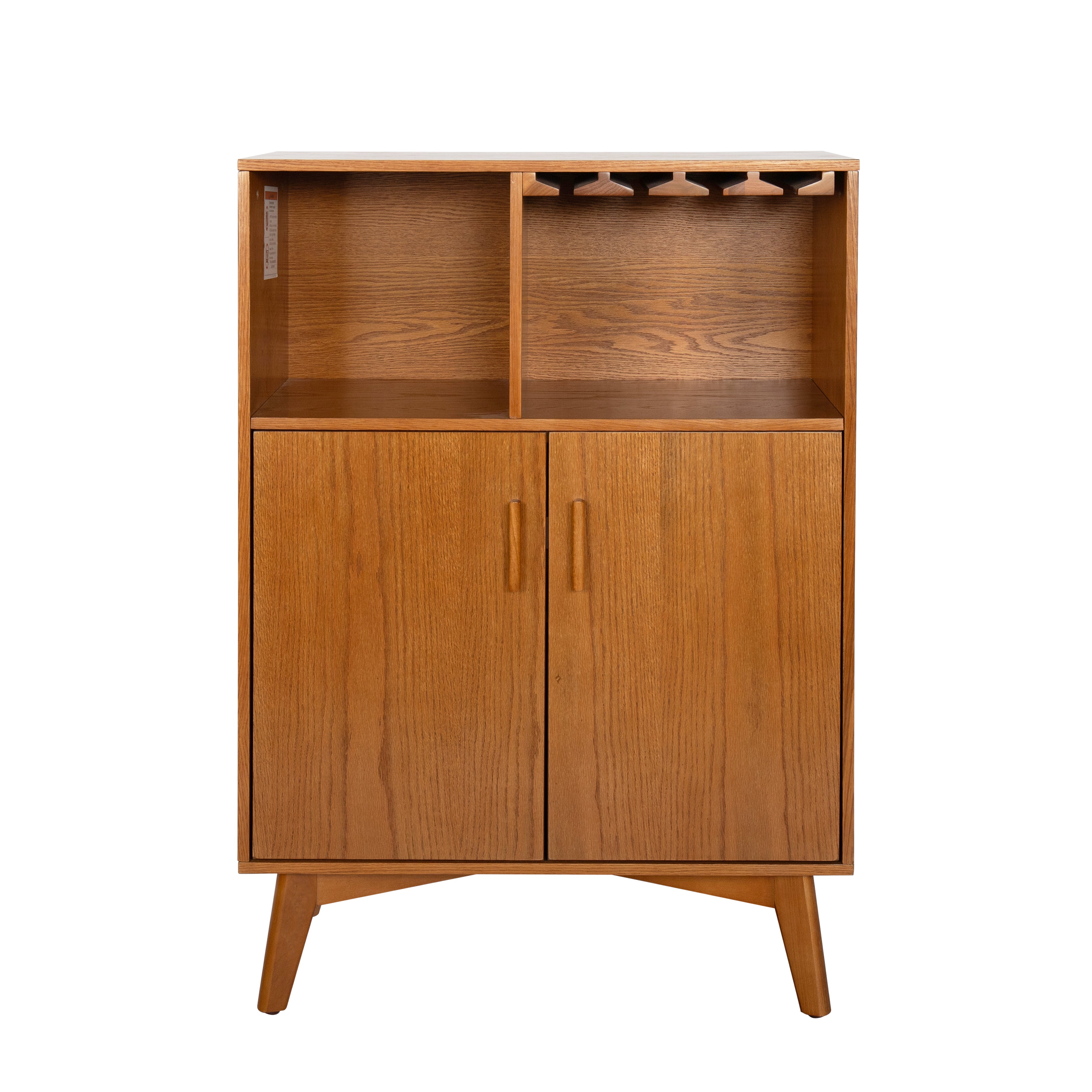 Wood beverage cabinet with two-door front and upper open storage compartment