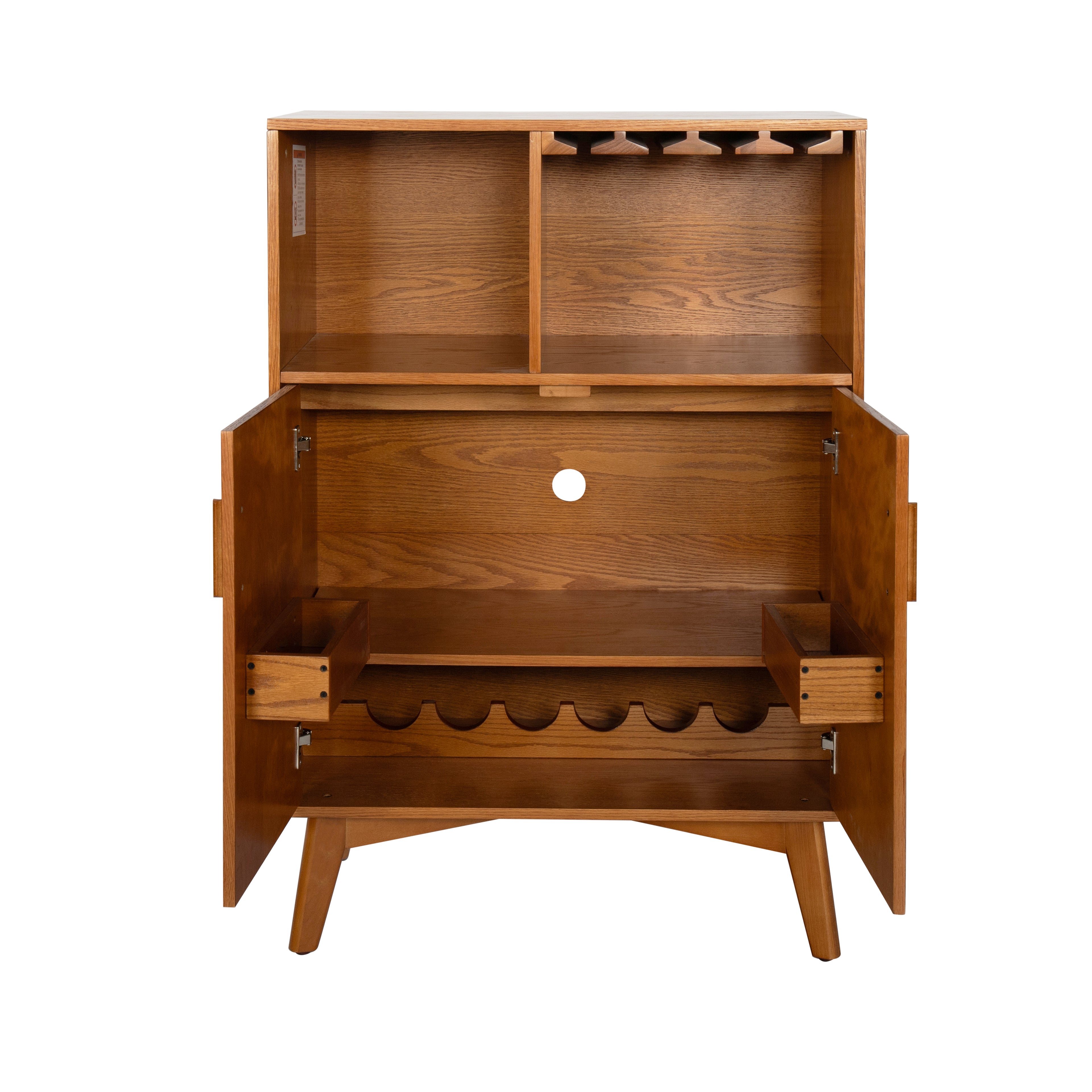 Wood beverage cabinet with open shelves, hinged top, and lower cabinet doors