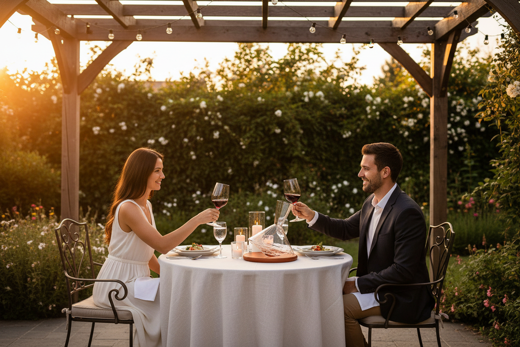 Crystal wine decanter and tumblers set on an outdoor dining table