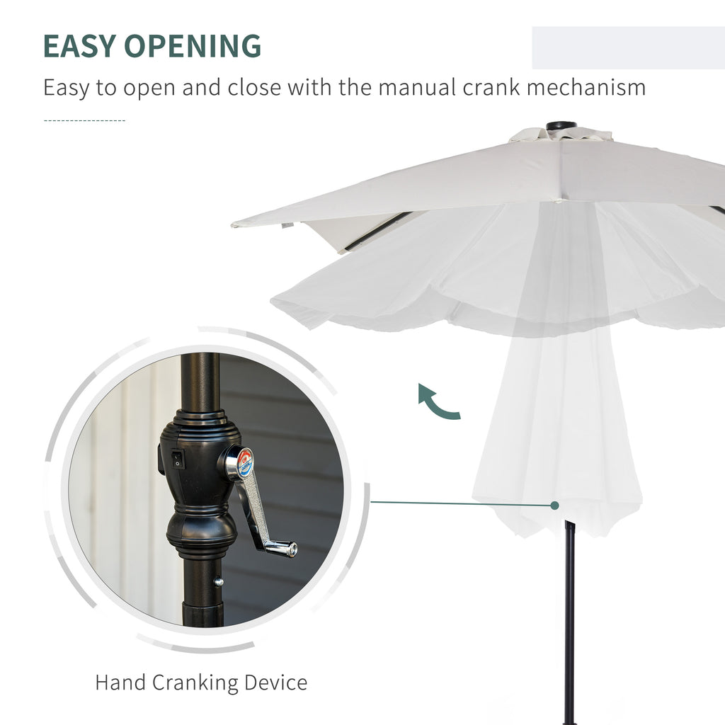 White patio umbrella canopy with black pole and hand-crank opening mechanism