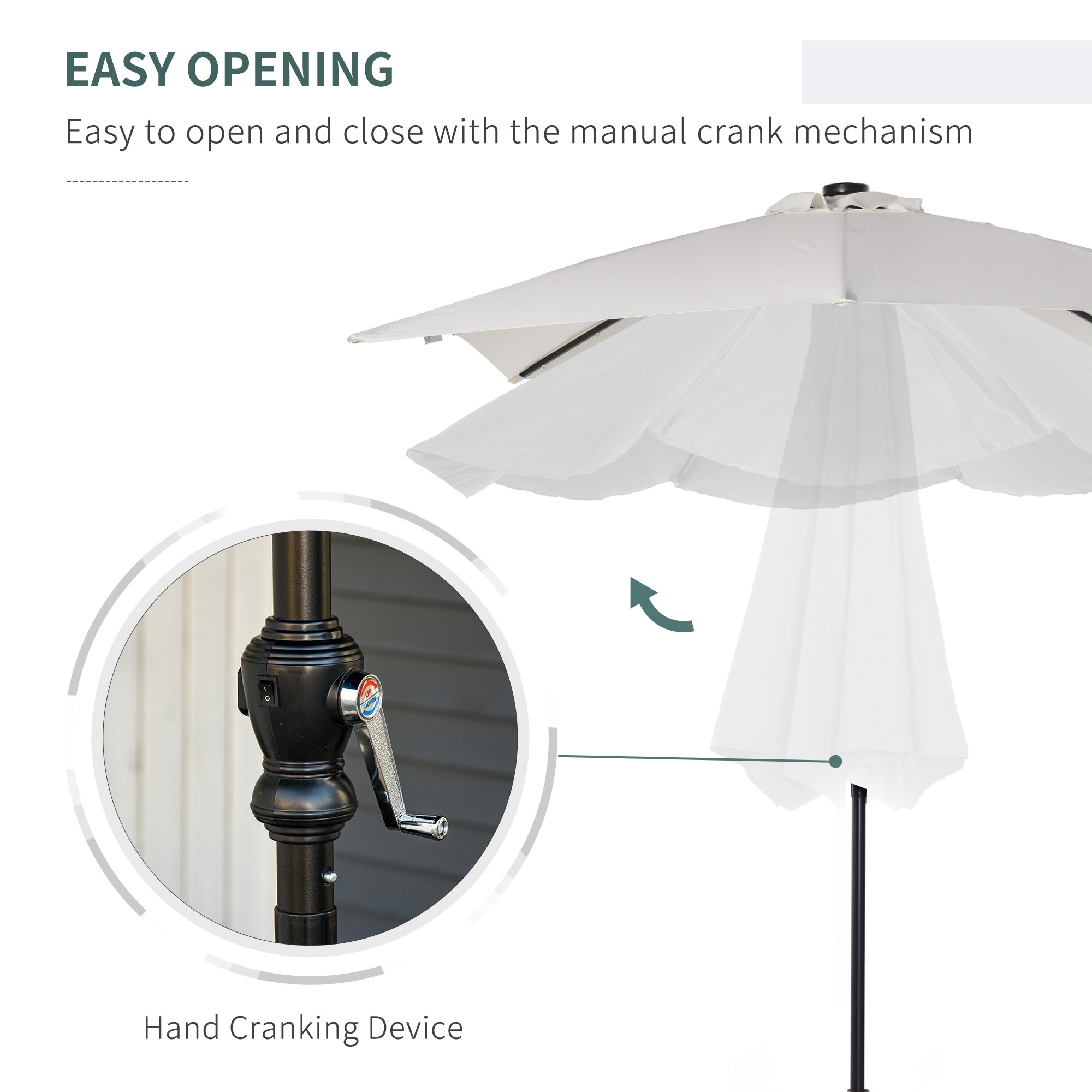 White patio umbrella canopy with black pole and hand-crank opening mechanism