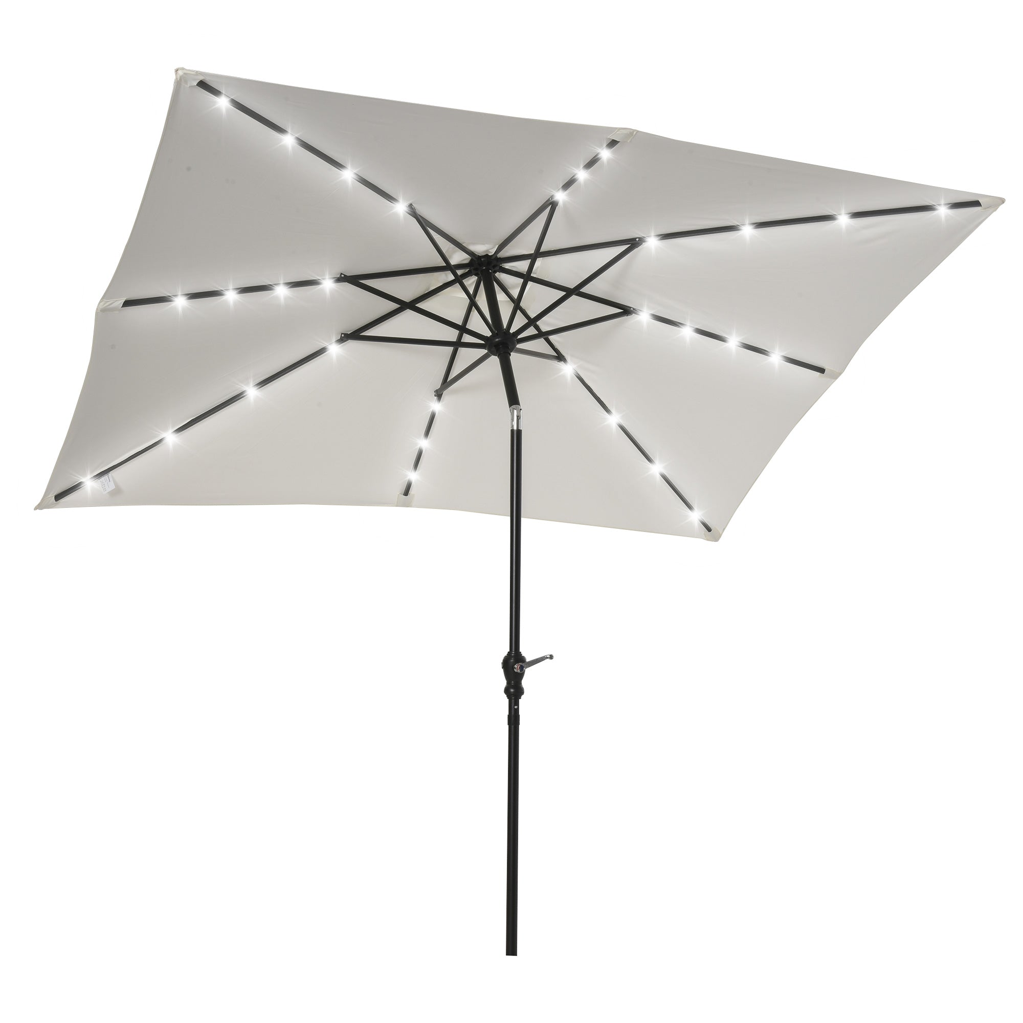 Solar LED patio umbrella open with white fabric canopy and black frame, LED lights around ribs