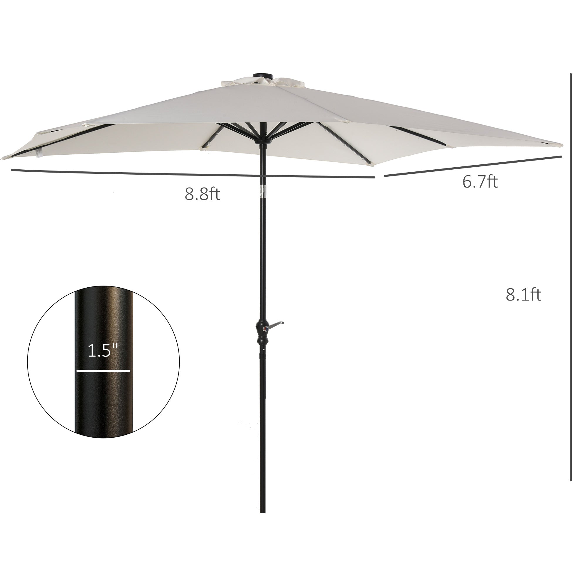 White solar LED patio umbrella with black pole and close-up rib sleeve detail
