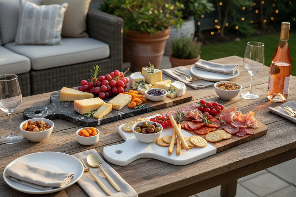 Marble serving and cheese board with black stone surface and acacia wood, on tabletop