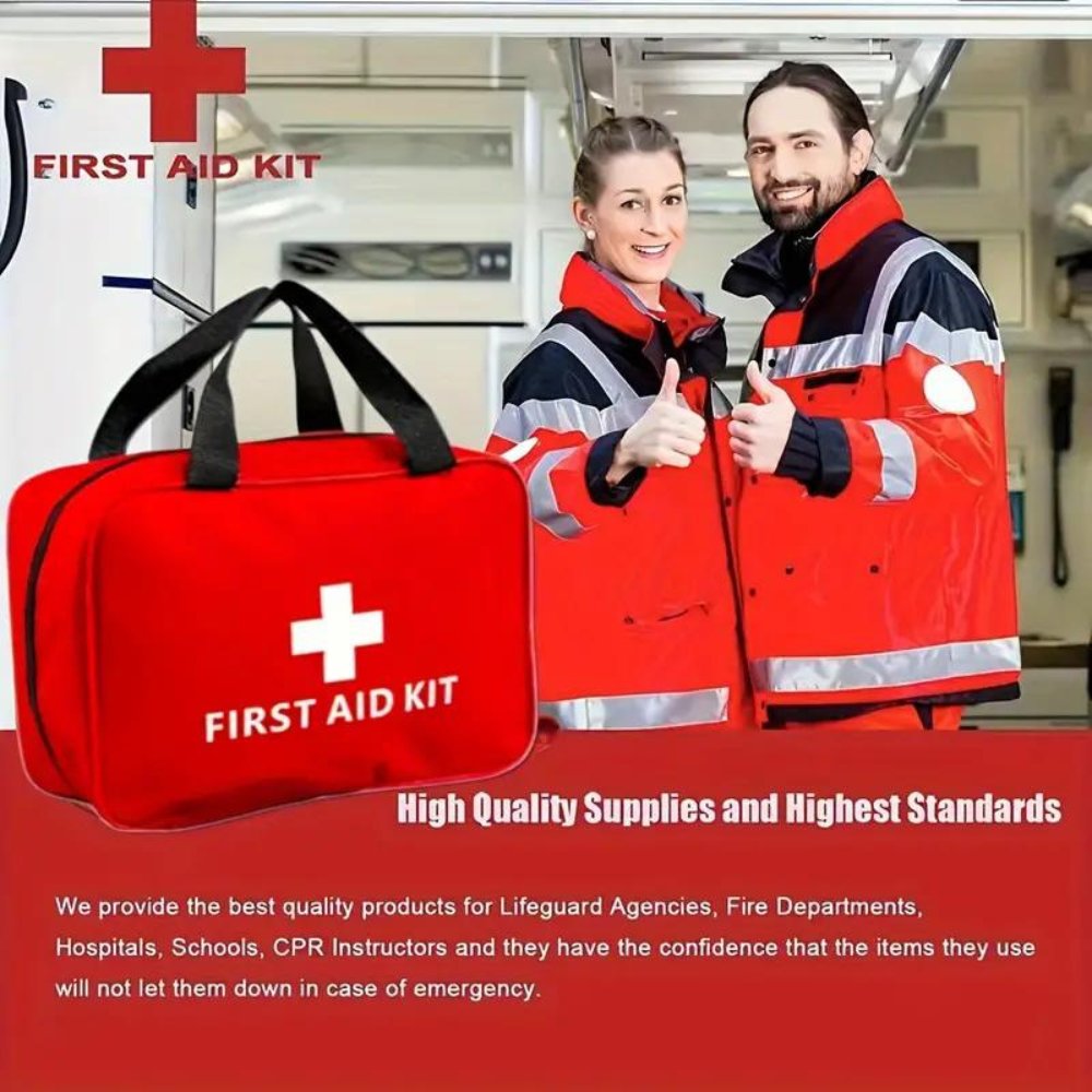 Red first aid kit bag with white cross logo, shown with two workers nearby