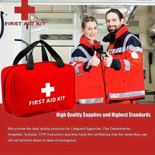 Red first aid kit bag with white cross logo, shown with two workers nearby