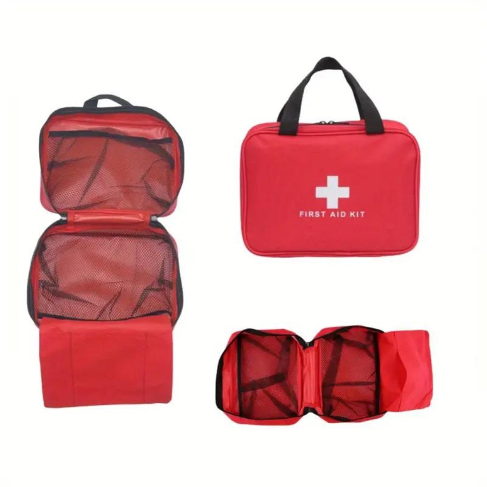 Red first aid kit travel bag with black handles; open compartments visible