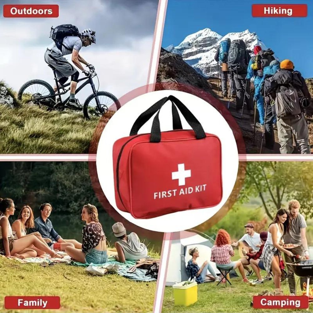 Red first aid kit bag icon with white medical cross on a circular badge