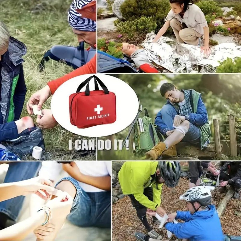 Red first aid kit bag icon with white medical cross over an outdoor first aid scene