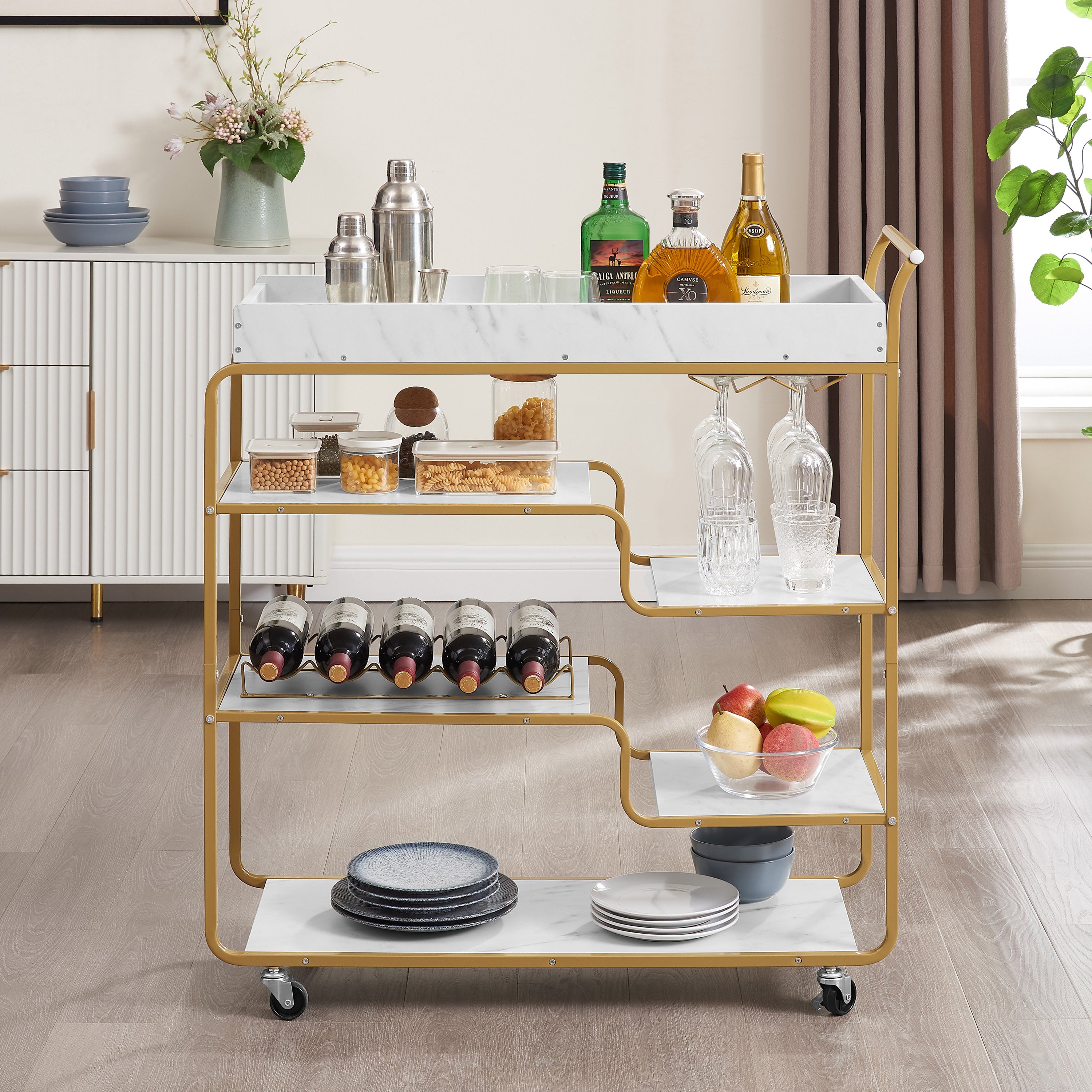 Gold 6-tier rolling bar cart with wine bottle rack, glass holder, and white serving shelves