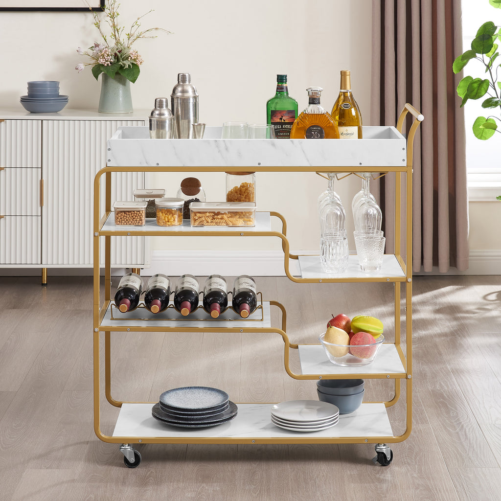 Gold rolling bar cart with 6 tiers, bottle rack and stemware holder, wire shelves.