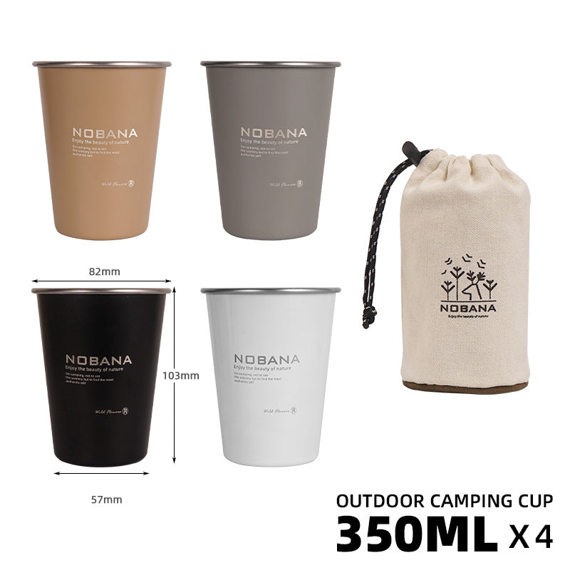 Four stainless steel camping mugs with size diagram and beige NOBANA storage bag