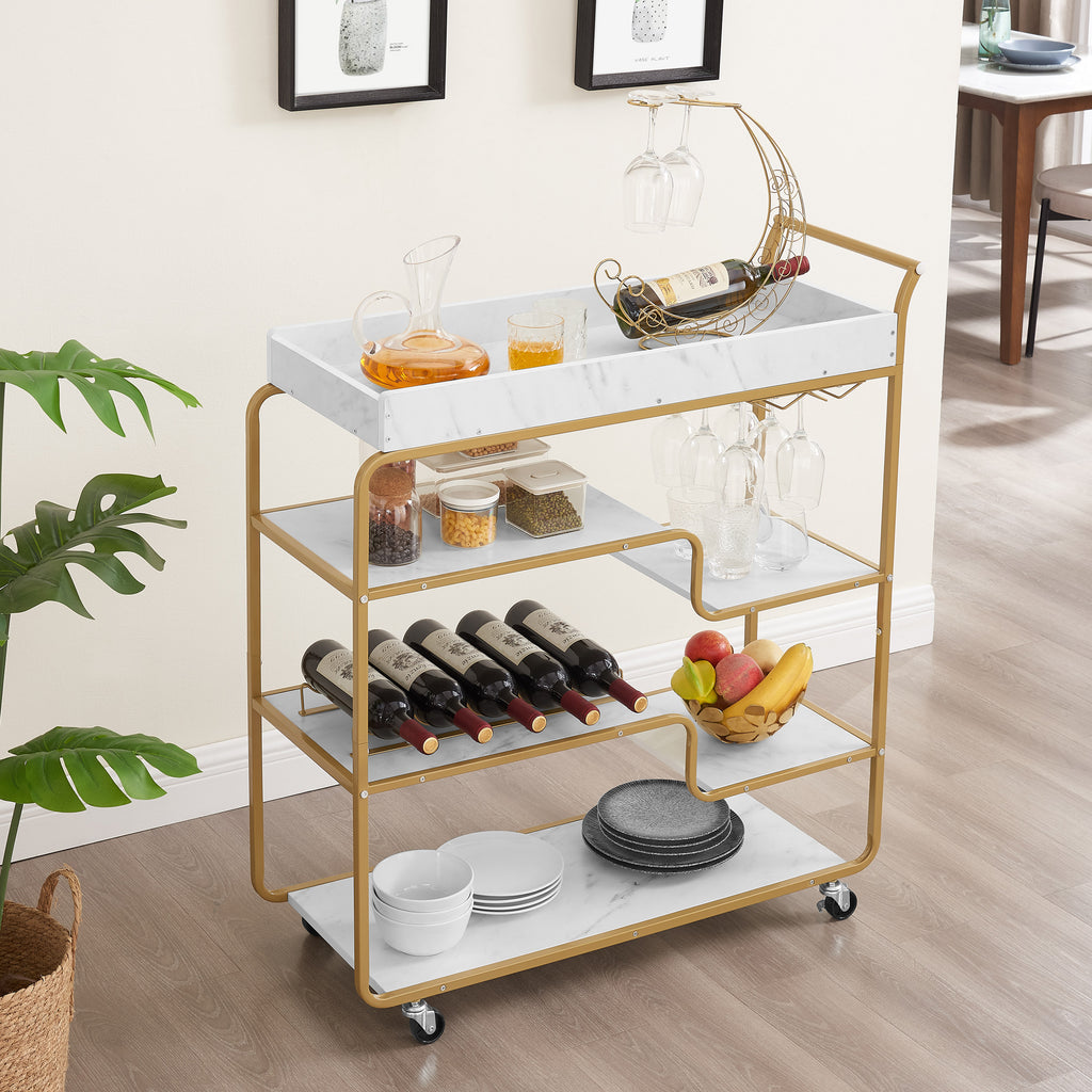 Gold 6-tier bar cart with wine bottle rack, stemware holder, and plate and fruit storage